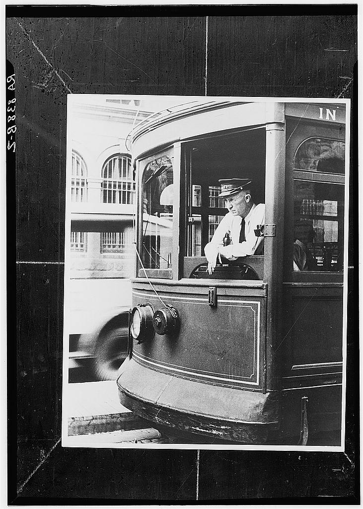 Washington streetcar motorman at work around 1936