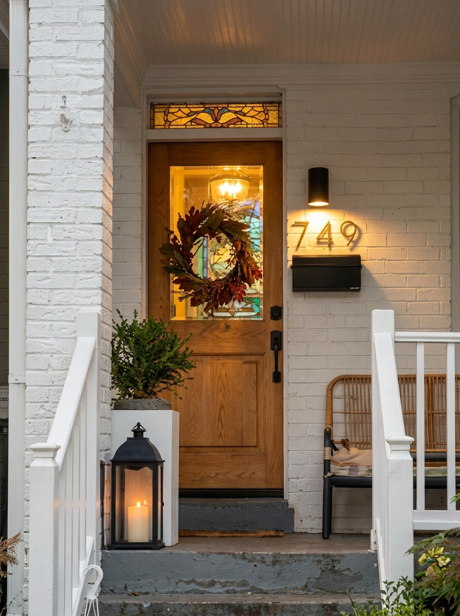 Covered front porch of 749 Kenyon Street NW with white painted brick, wood front door, and illuminated house numbers